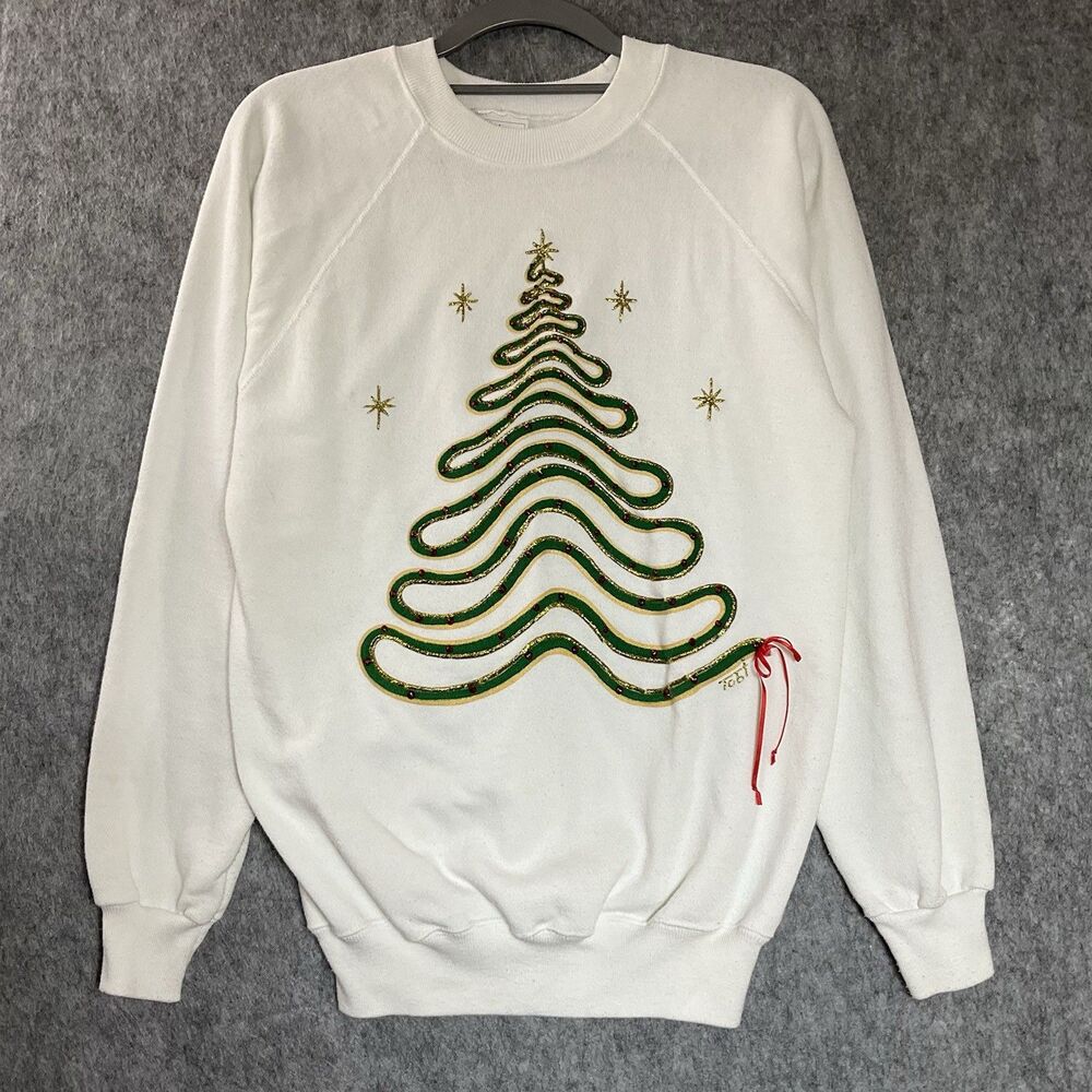 Vintage Sweatshirt Womens Medium White Christmas Tree Holiday Party Made USA *